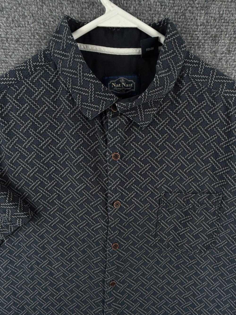 Nat Nast Men Short Sleeve Button Up Shirt XL Adult Silk Blend Blue Geometric